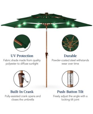 Woodgrain Pattern 10ft 3-Tier Solar Patio Umbrella w/ 24 LED Lights, Tilt