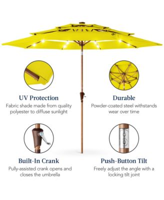 Woodgrain Pattern 10ft 3-Tier Solar Patio Umbrella w/ 24 LED Lights, Tilt