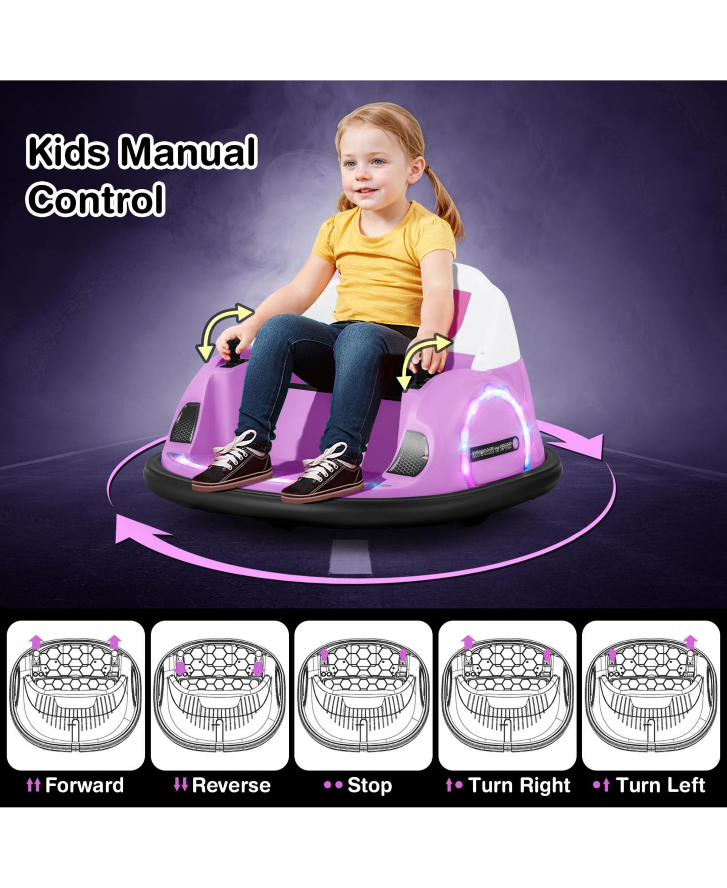 Детская игрушка Mecale 12V 360° Ride-On Bumper Car with Remote Control, 1-Seat, Ages 18 Months+, цвет: Фиолетовый — фото 6