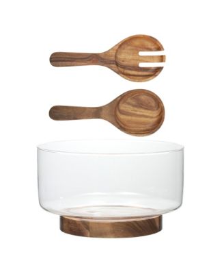 Wildgreens Large Glass Salad Bowl Set with Acacia Wood Base and Acacia Serving Utensils