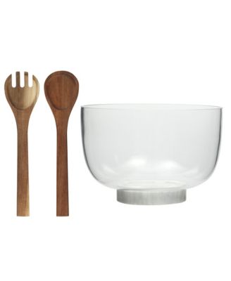 Wildgreens Large Glass Salad Bowl Set with Marble Base and Acacia Serving Utensils