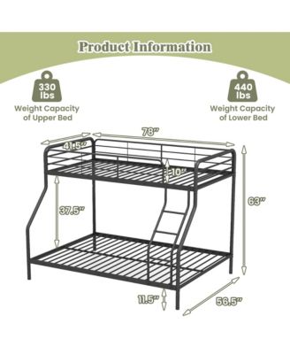 Twin over Full Metal Bunk Bed with Inclined Ladder Safety Guardrail, Slat Support