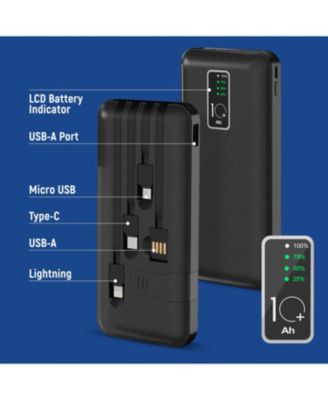 10,000mAh Rapid Charging Power Bank with LCD Battery Display, 4 Built-In Cables, and Phone Stand