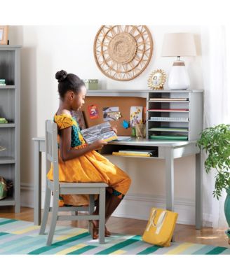 Kids' Media Desk with Hutch and Chair Set – Natural: Kids Table and Chair Set, Computer Desk with Storage Hutch, Kids Bedroom Furniture Set