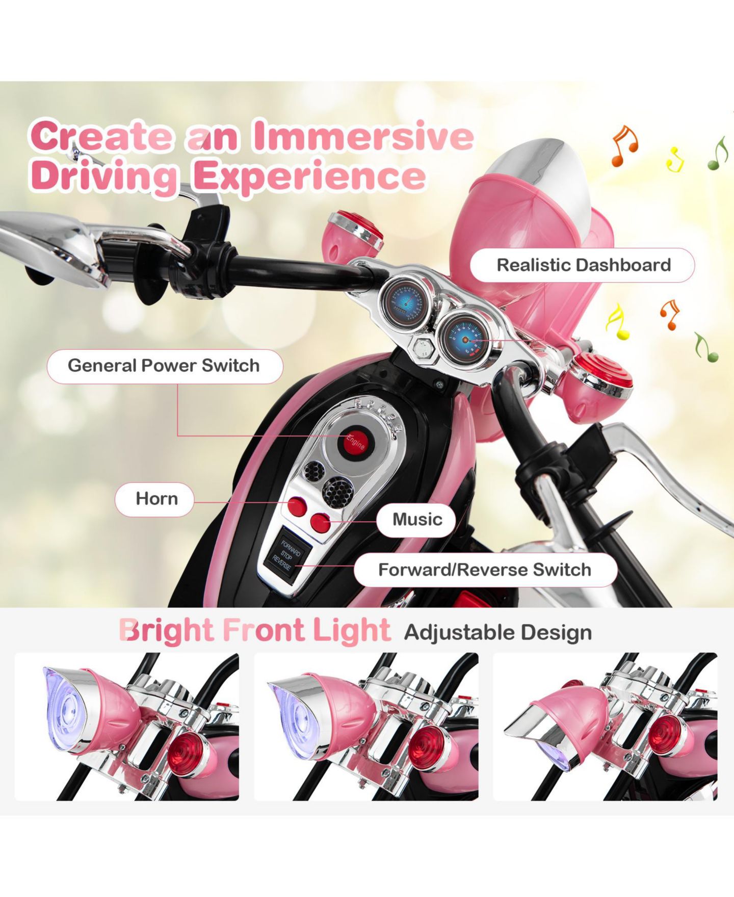 Детская игрушка Mecale 6V Powered 3-Wheel Chopper-Style Motorbike Ride-On, 36"L, Ages 3-6, цвет: Розовый — фото 5