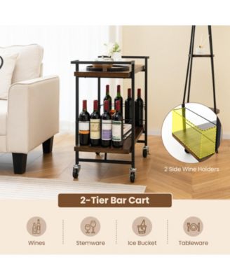 32" 2-Tier Powder-Coated Metal Lockable Wheels, Handle, Guardrails, Rust-Resistant Home Bar Cart