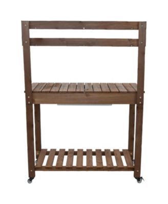 Wooden Wheeled Garden Potting Bench with Dry Sink, Storage Shelves, and Tool Hooks - Brown