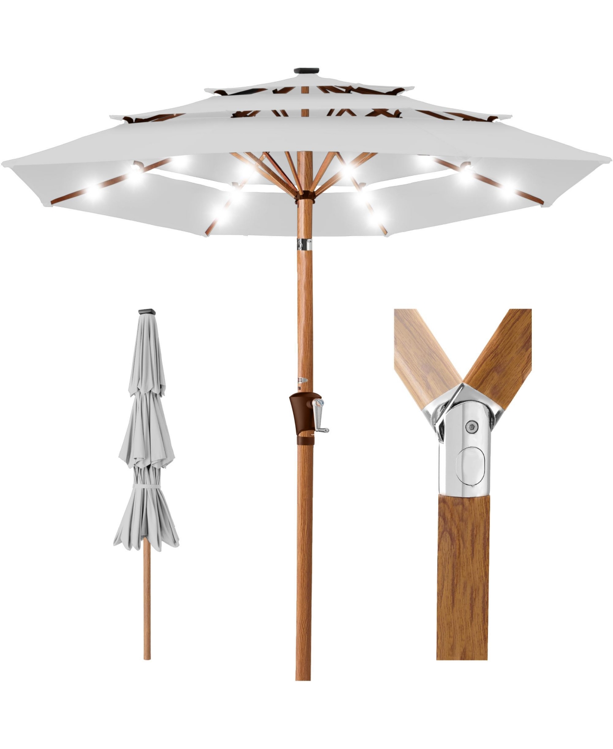 Woodgrain Pattern 10ft 3-Tier Solar Patio Umbrella w/ 24 Led Lights, Tilt - Fog gray