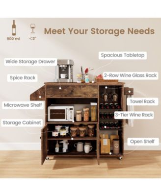 Drop Leaf Mobile Kitchen Island Cart with Power Outlet and Adjustable Shelf