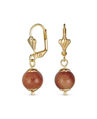 Classic Elegant Simple Round Natural Stone Dangle Lever Back Drop Ball Earrings Polished Plated Brass