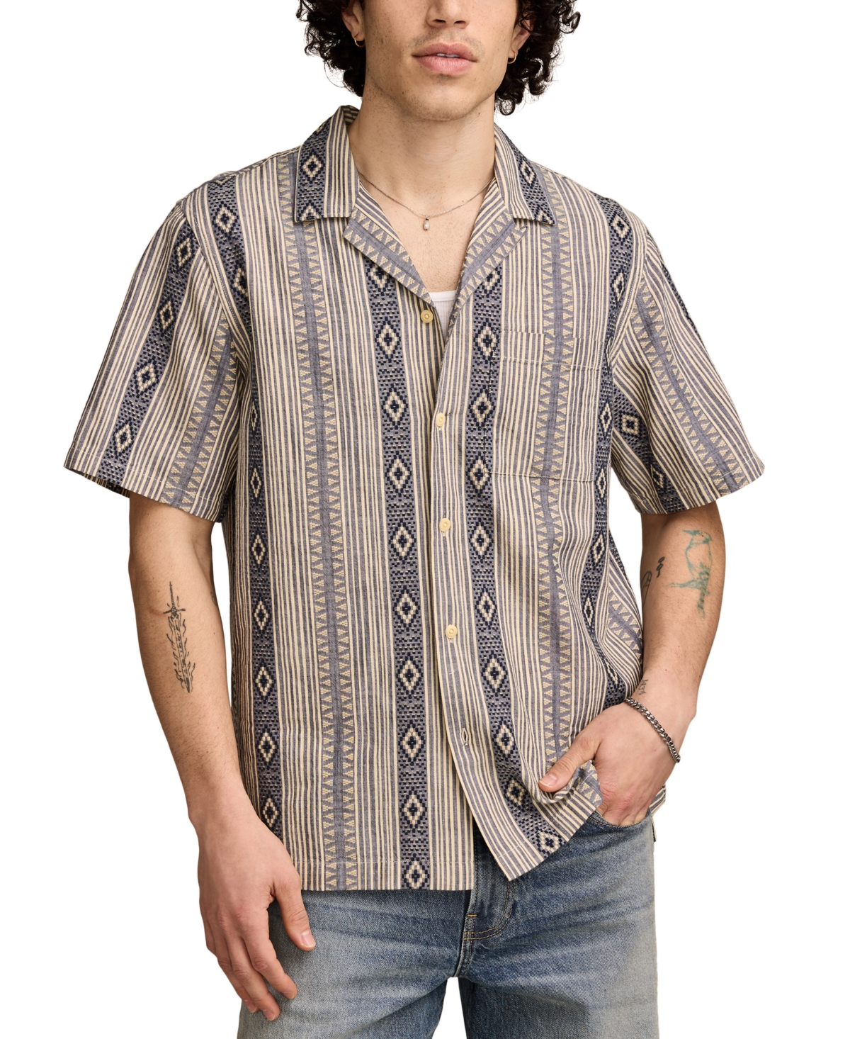 Men's Relaxed Fit Short Sleeve Textured Striped Button-Front Camp Shirt - Blue Multi