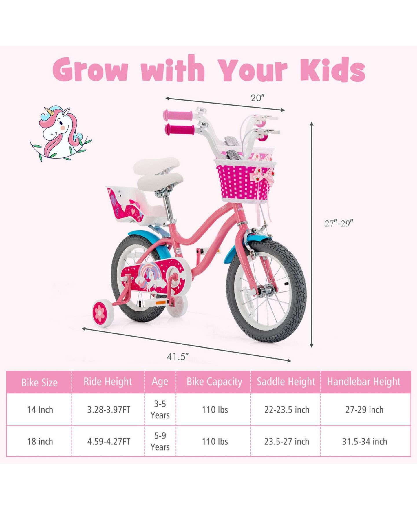 Детская игрушка Mecale Adjustable Kids' Bicycle with Training Wheels and Basket, Ages 3-9, цвет: Розовый — фото 2
