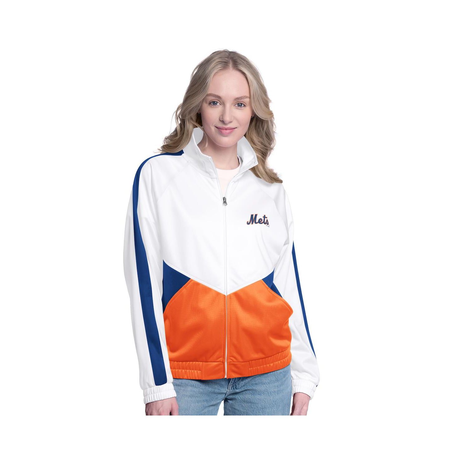 Женская куртка G-III Sports by Carl Banks White/Royal New York Mets Rally Rhinestone Raglan Full-Zip Track Jacket — фото 1