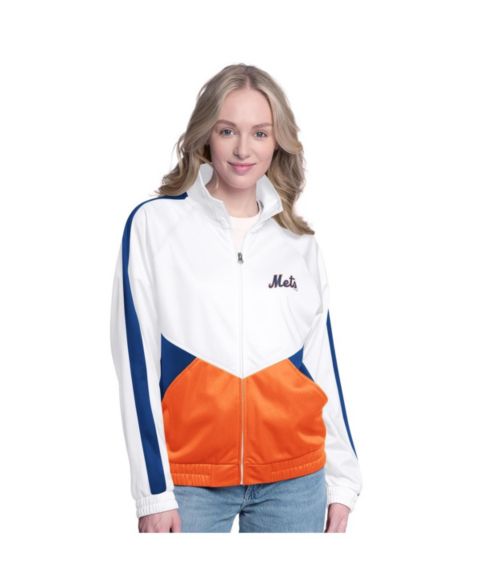 Женские куртки G-III Sports by Carl Banks Women's White/Royal New York Mets Rally Rhinestone Raglan Full-Zip Track Jacket