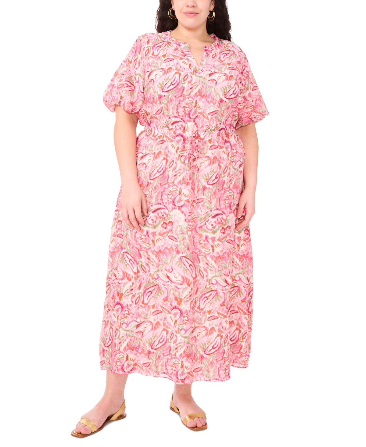Plus Split Neck Puff Slv Maxi Dress W Waist Tie - Flamingo Pink