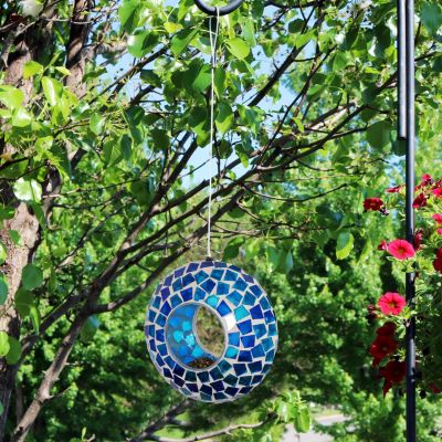 Outdoor Garden Patio Round Glass with Mosaic Design Hanging Fly-Through Bird Feeder - 6"