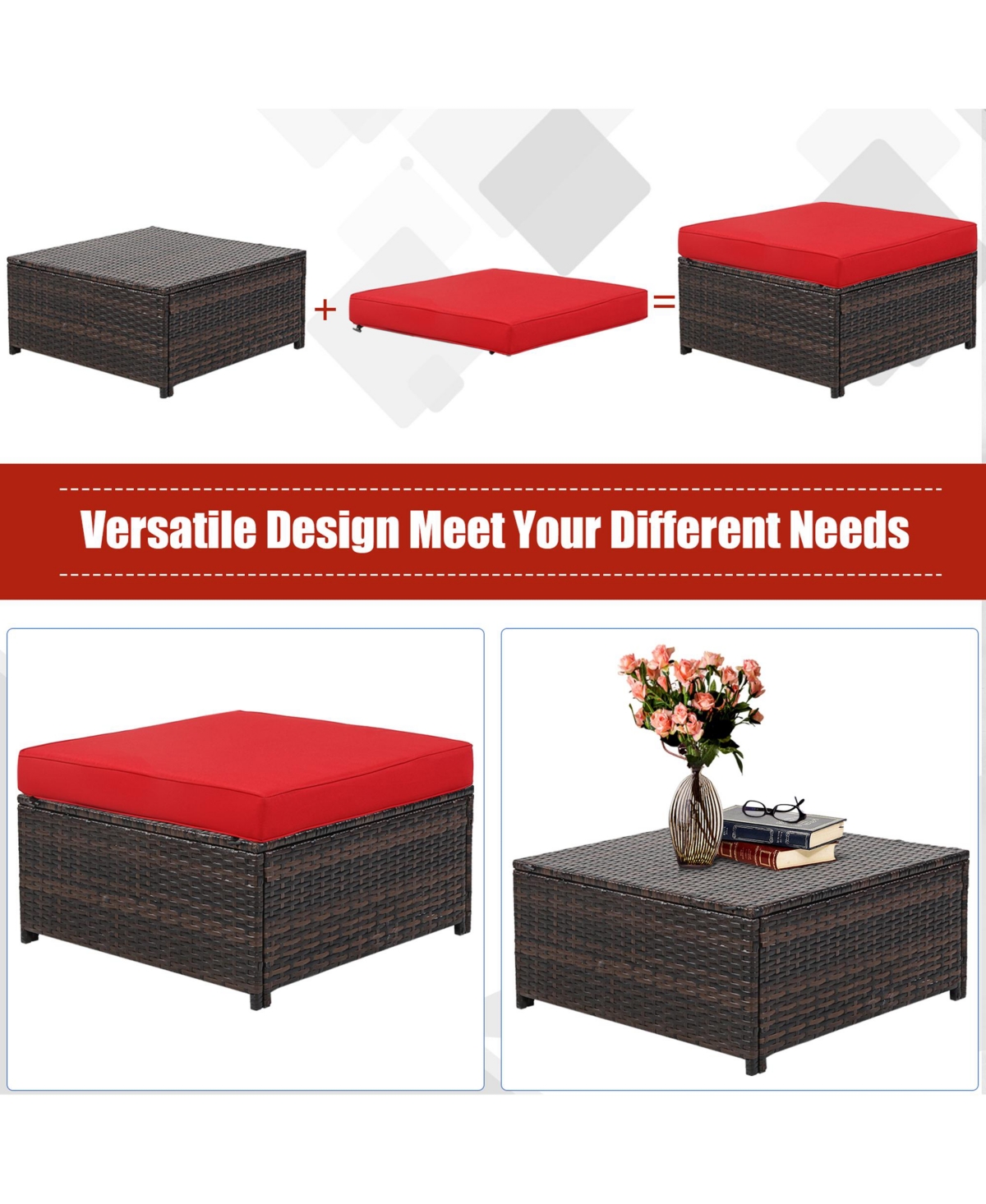 Gymax 5PCS Outdoor Patio Rattan Conversation Sofa Furniture Set w/ Red Cushions