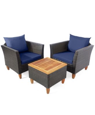 3PCS Patio Furniture Set Conversation Bistro Set w/ Acacia Wood & Cushions Navy