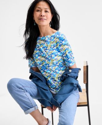 Style & Co - Women's Salt Floral Elbow-Sleeve Knit Top