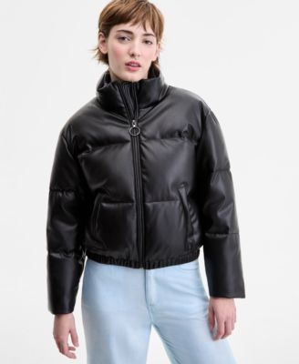 Juniors' Cropped Faux-Leather Puffer Coat