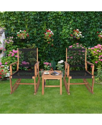3pcs Patio Acacia Wood Bistro Table Rocking Chair Set All-Weather Rope Outdoor