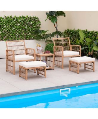 5 Piece Patio Rattan Wicker Conversation Set with 2-Tier Coffee Table & 2 Ottomans