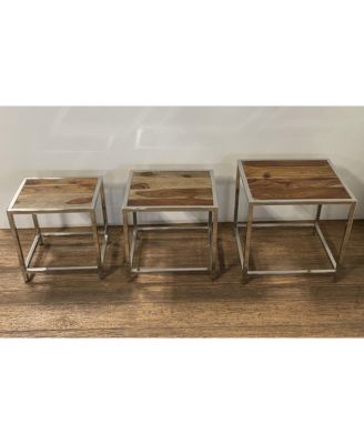 Set of Three 21" Silver And Brown Solid Wood Nested Tables
