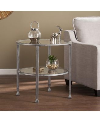 24" Silver And Clear Glass And Distressed Iron Round End Table With Shelf