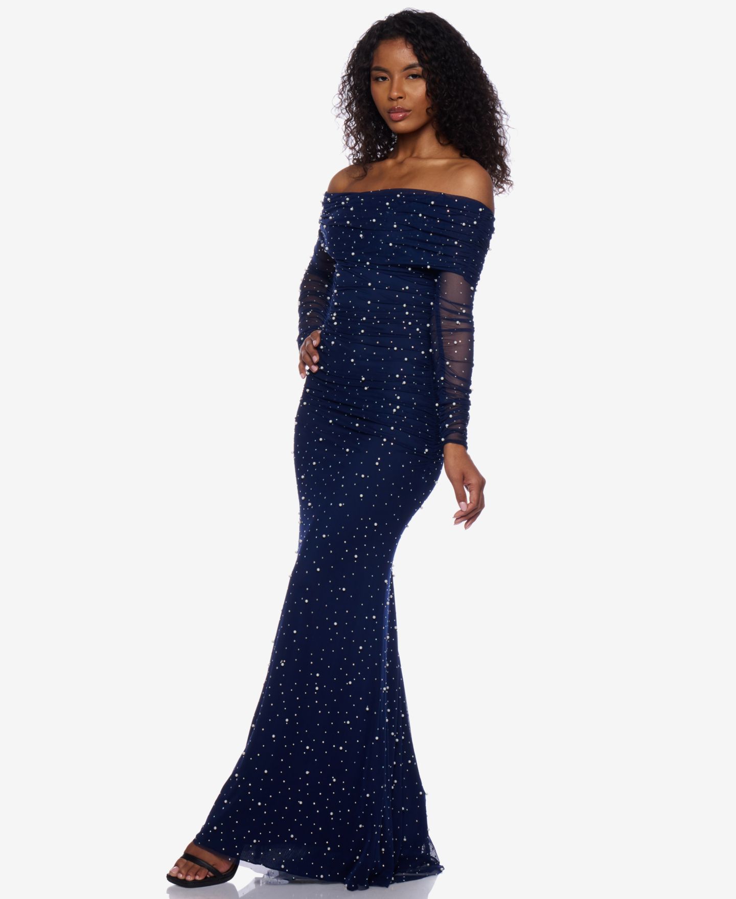 Женские платья B Darlin Juniors' Embellished Off-The-Shoulder Gown, цвет: Тёмно-синий / Жемчужный — фото 3
