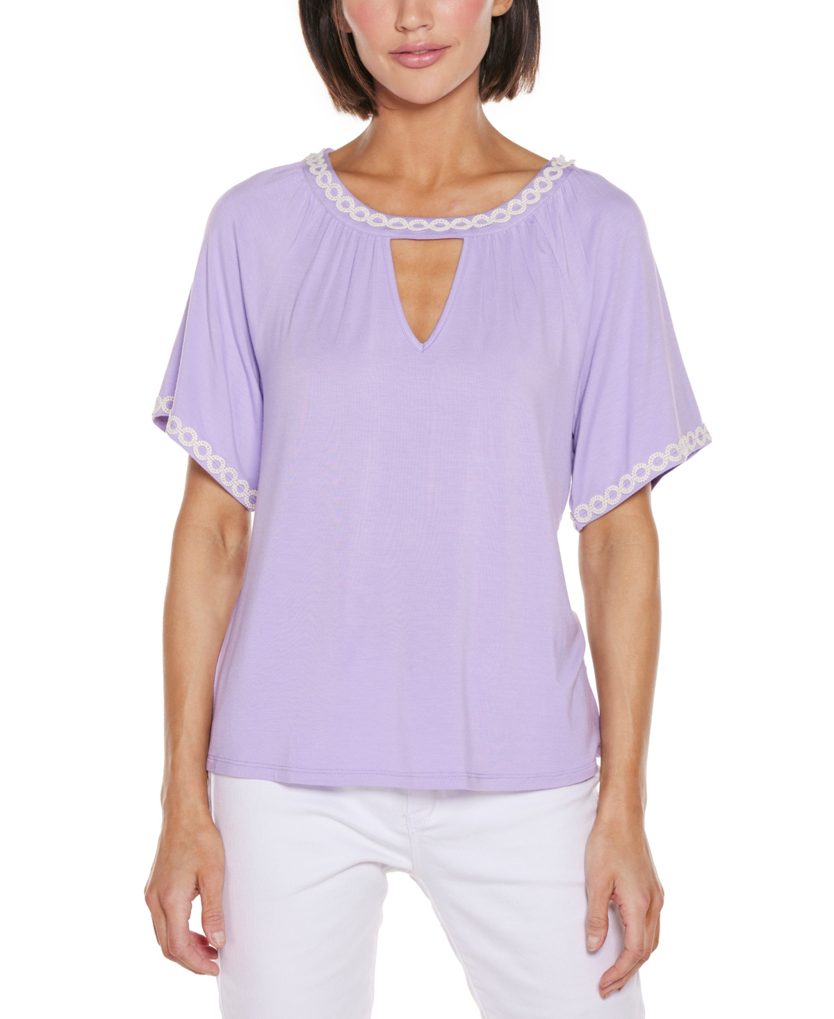 Women's Crochet Trim Short Sleeve Knit Top - Coral Crush
