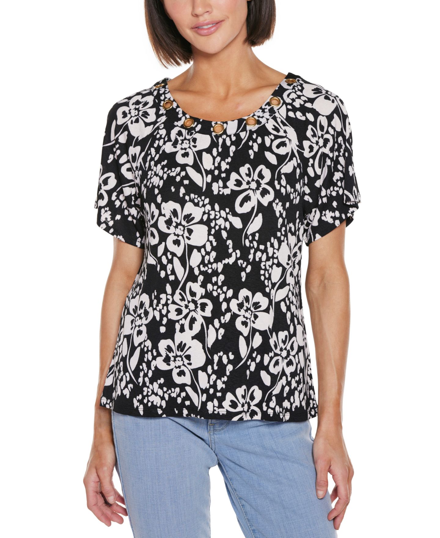 Женский топ Belldini Grommet Detail Floral Short Sleeve Knit, цвет: Чёрный комбинированный — фото 1