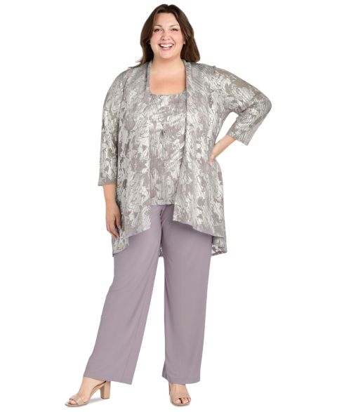R & M Richards Plus Size 3-Pc. Embellished Jacket, Necklace Top & Pant Set, цвет: Лавандовый серебряный