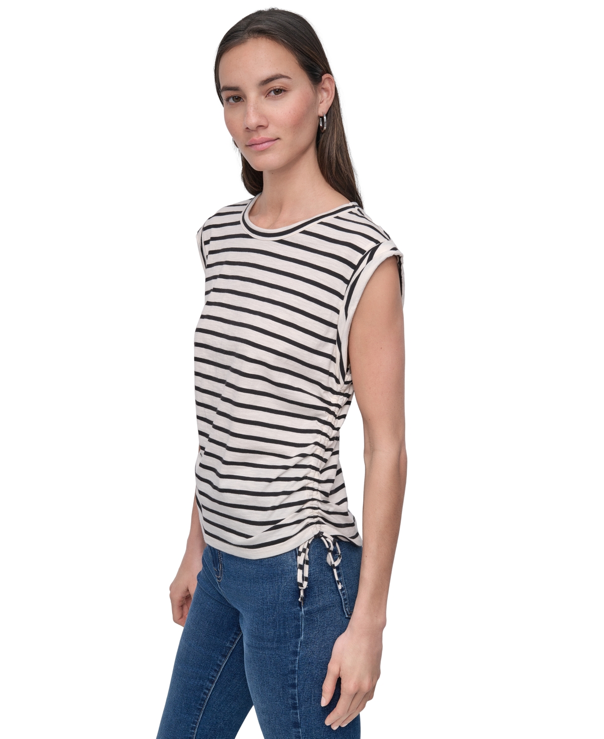 Dkny Jeans Petite Cotton Ruched Side-tie Sleeveless Tee In White