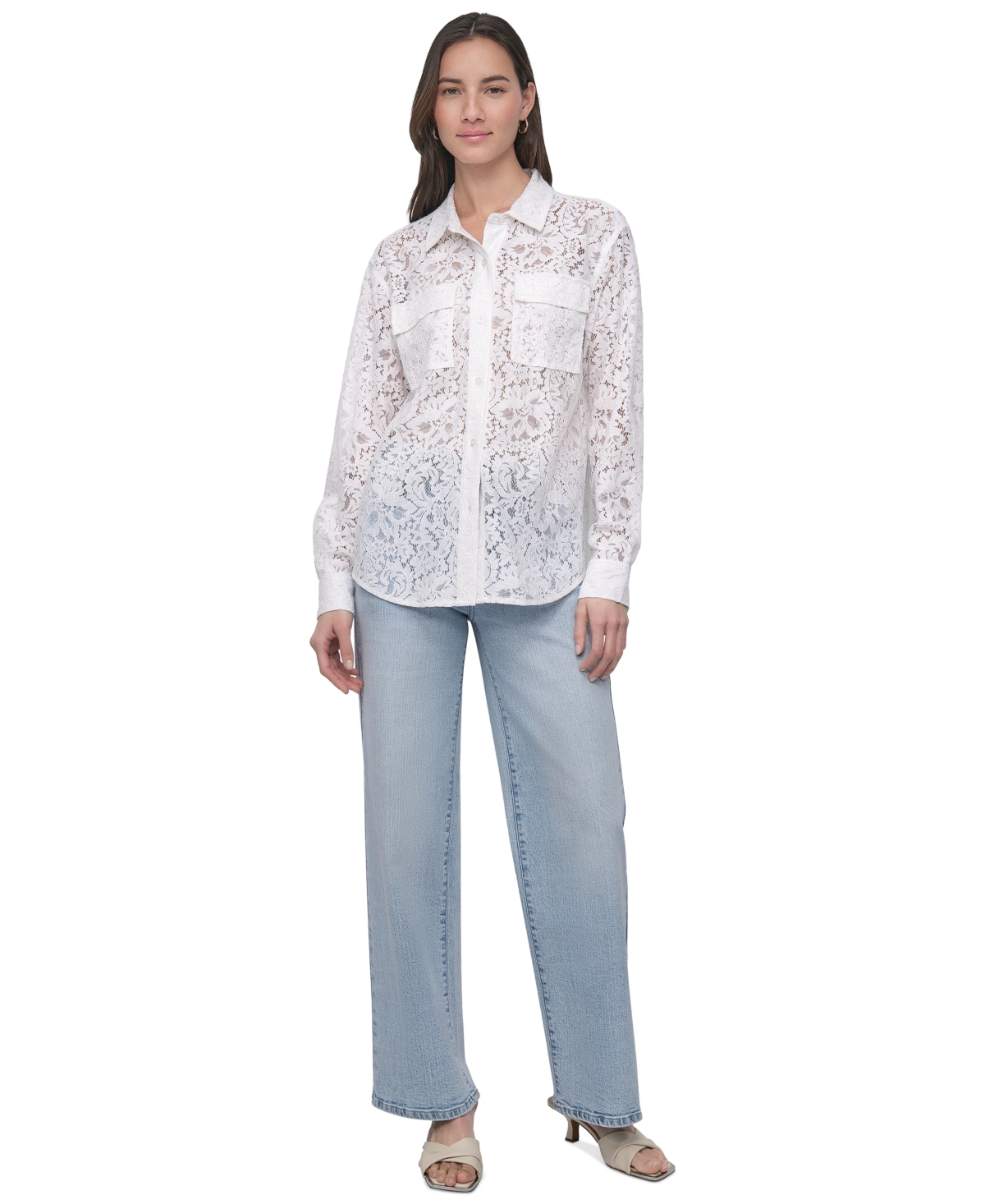 DKNY JEANS WOMEN'S LONG SLEEVE BUTTON FRONT LACE SHIRT 