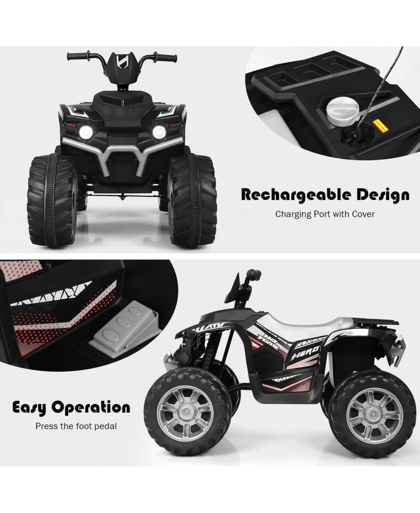 Детская игрушка Mecale 12V Kids Ride-On ATV with LED Lights, 1-Seat, Ages 3+, цвет: Чёрный — фото 7