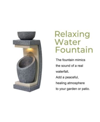 Gray Resin Column and Bowl Sculpture Outdoor Fountain with Lights