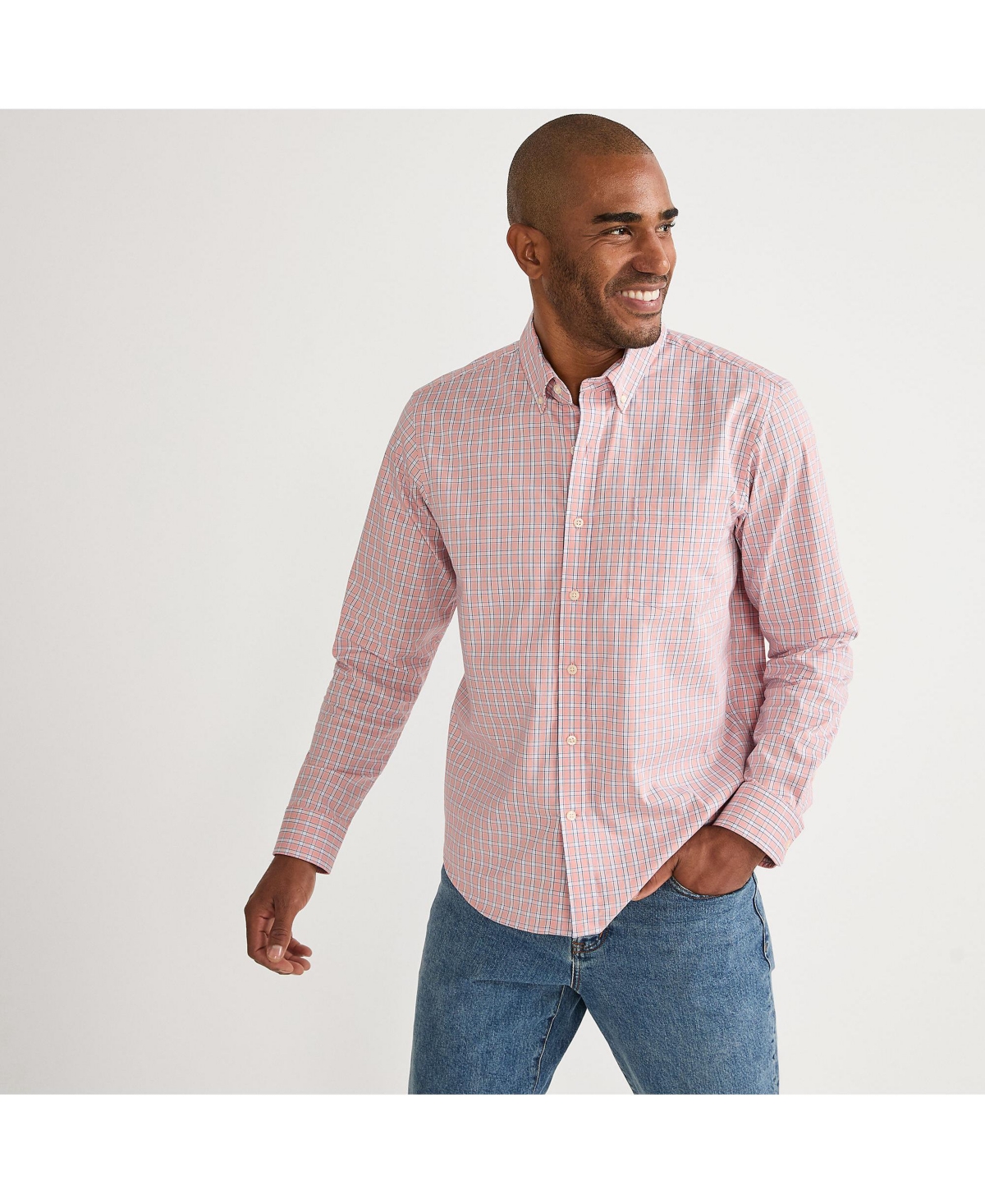 Men's Long Sleeve Tailored Fit Travel Kit Shirt - Crisp peach/cobalt plaid