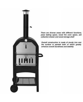 Rolling Outdoor Pizza Oven Wood Fire Pizza Maker With Pizza Peel Pizza Stone Waterproof Cover Wood Storage Shelf Ash Collection Drawer Thermometer Heat-Resistant Handle Perfect For Outdoor Activities