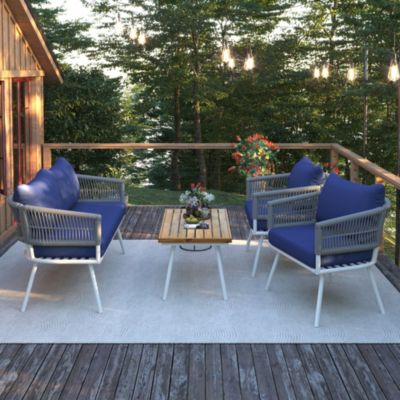 Outdoor  4-Piece Boho Rope Patio Furniture Set with Acacia Wood Table, Patio Conversation Set with Deep Seating & Thick Cushion