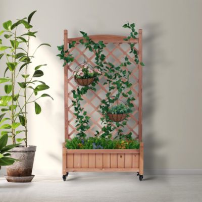 Raised Garden Bed with Trellis 2 Pack Outdoor Wooden Planter Box Plant Stand with Climbing Racks Natural Wood