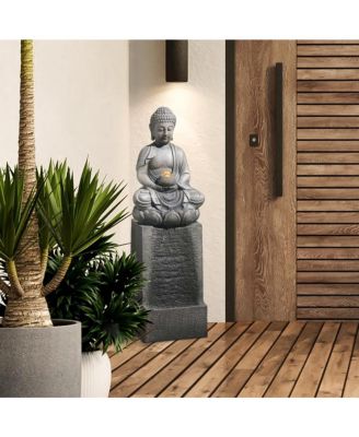 Resin Meditating Buddha on Column Lighted Outdoor Fountain