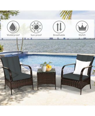 3 PCS Patio Wicker Rattan Furniture Set Coffee Table & 2 Rattan Chair