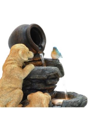 Puppy Rock Tower Farmhouse Resin Outdoor Fountain with Lights