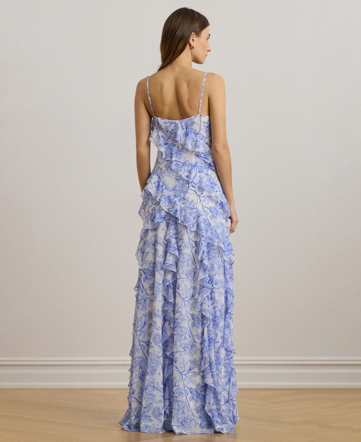 Ralph Lauren Floral Ruffle-trim Georgette Gown In Blue