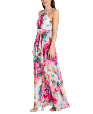 Petite Floral Halter Ruched-Waist Gown