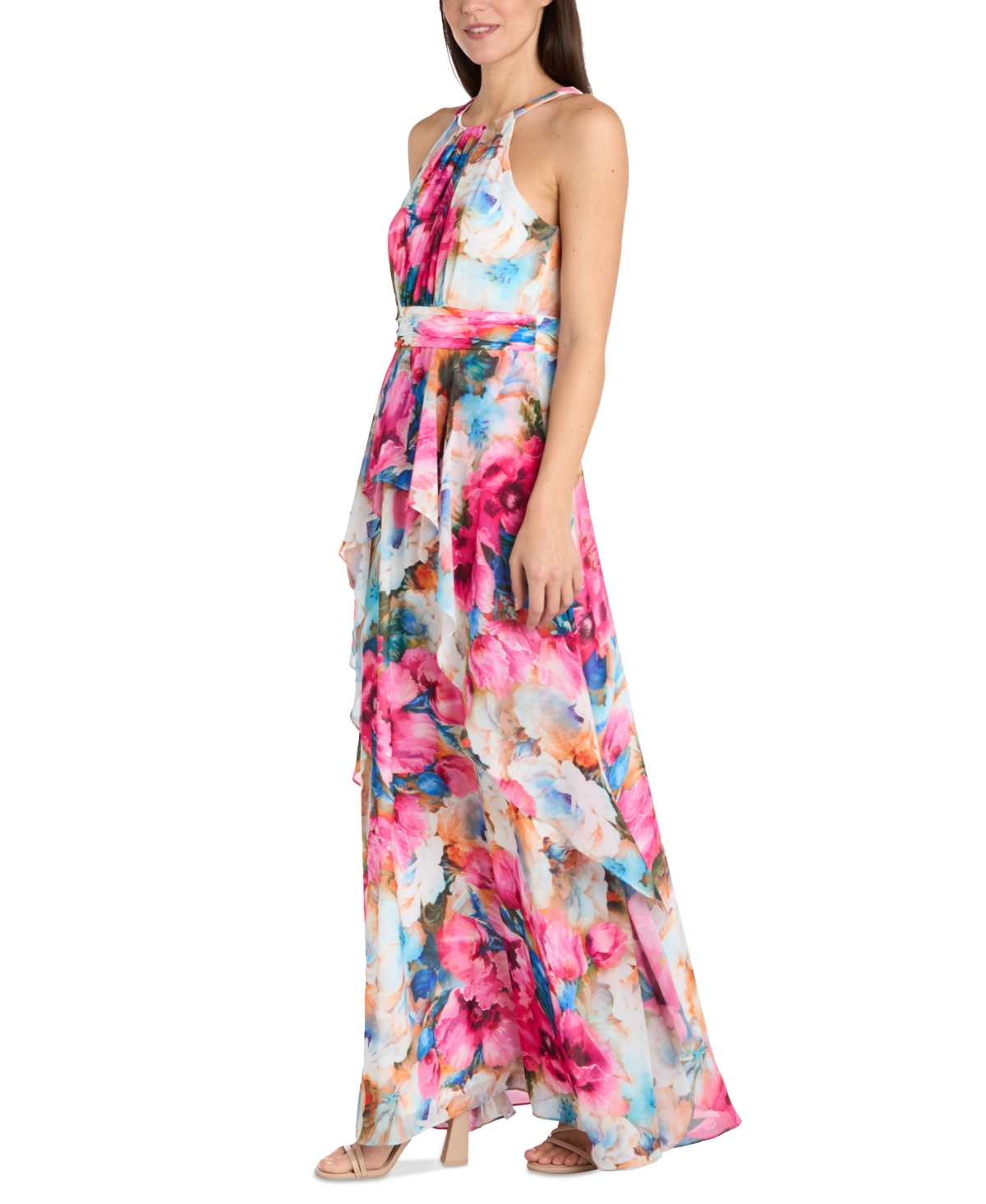 R & M Richards Petite Floral Halter Ruched-waist Gown In Multi