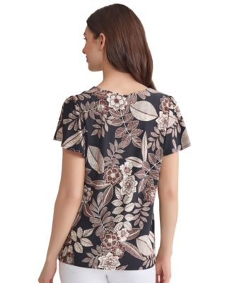 Women's Printed Embellished-Neck Flutter-Sleeve Top
