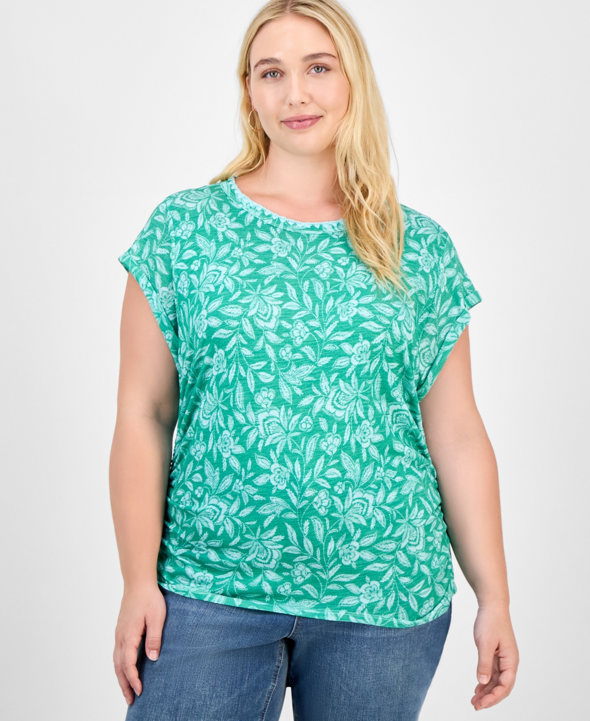 Democracy Trendy Plus Printed Side-shirred Cap-sleeve Top In Green