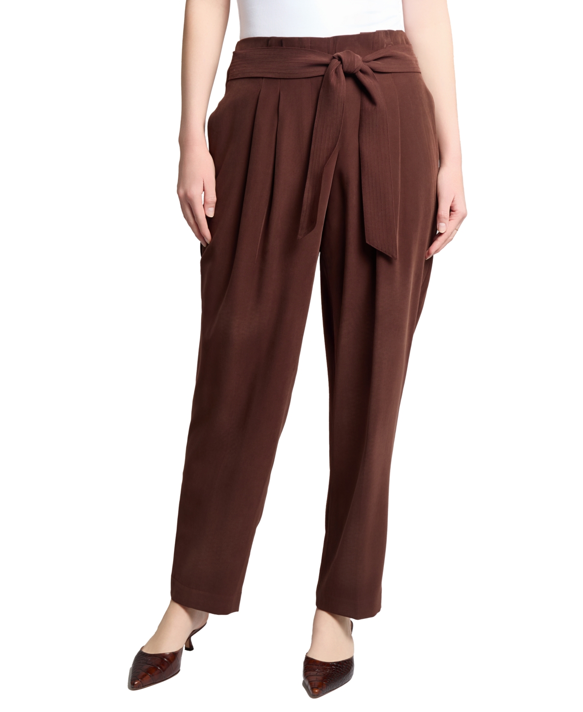 Women's Belted Straight-Leg Paperbag Pants - Fudge