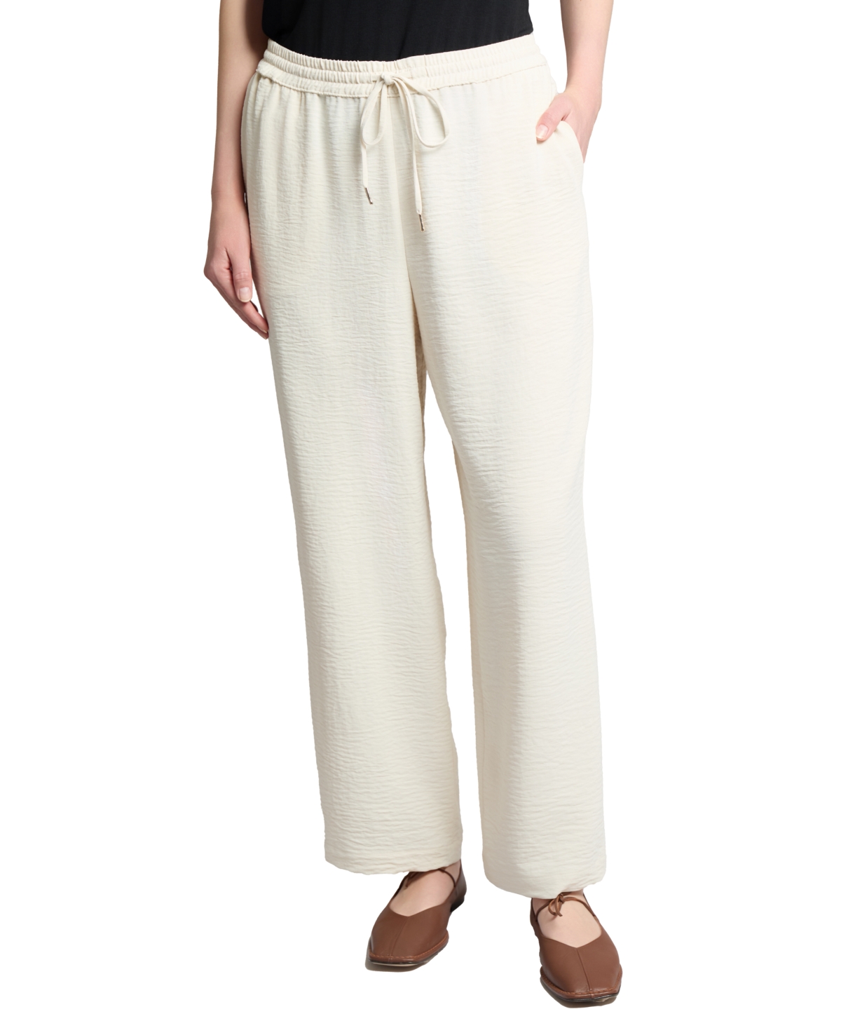 Jone New York Women's Textured Drawstring Wide-Leg Pants - Coconut